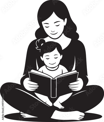 Mother and child reading a book together in a vector illustration