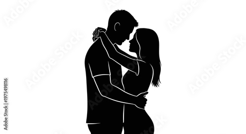 Silhouette of couple embracing closely.