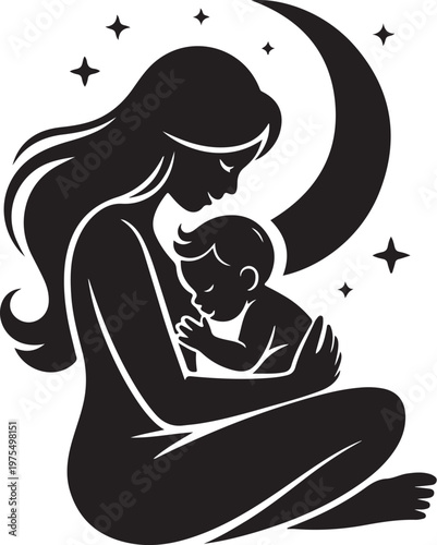 Mother holding baby under crescent moon and stars vector illustration
