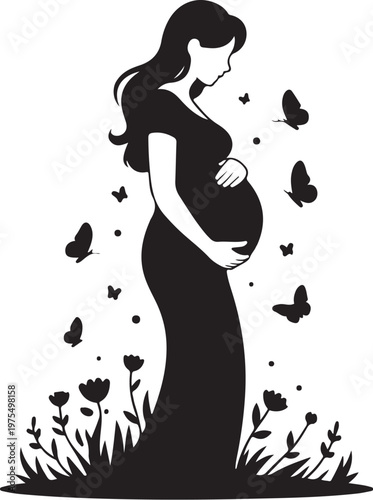 Pregnant woman silhouette surrounded by butterflies and flowers