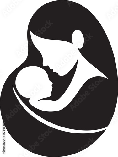 Mother holding baby in her arms black and white vector icon