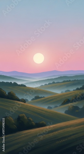 Beautiful Sunrise Over Rolling Hills in Morning Mist.
