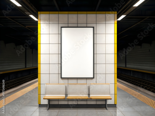 A blank advertisement poster on a wall in a subway station