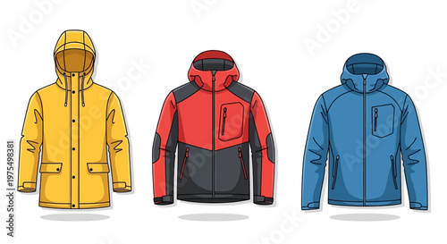 Three colorful hooded jackets side by side.