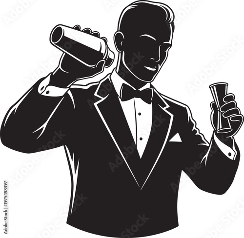 Vintage bartender vector illustration, professional mixologist in tuxedo with cocktail shaker, elegant barman silhouette for restaurant branding