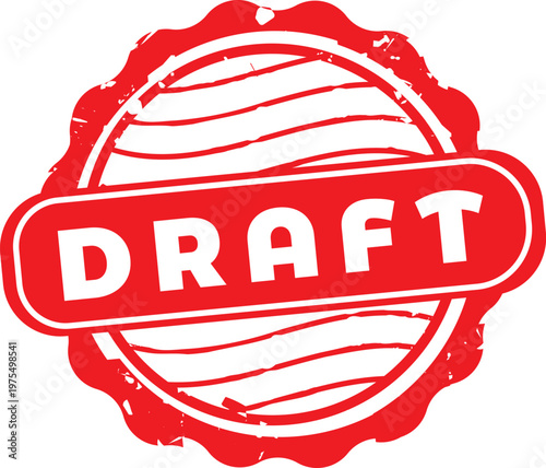 Round Red Distressed Draft Seal Rubber Stamp Vector, is ideal for indicating preliminary documents, unfinished projects, and work-in-progress status in administrative, legal, or creative design contex