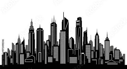 Black and white city skyline illustration.