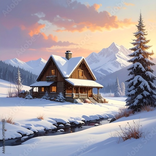 A serene snowy cabin scene with a stream and majestic mountains