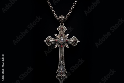 Ornate silver christian cross pendant with red gemstones and central moonstone on black