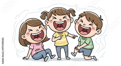 Three children laughing and playing together.