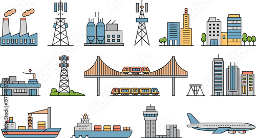 Flat line transport and industrial infrastructure icons set for web and print use