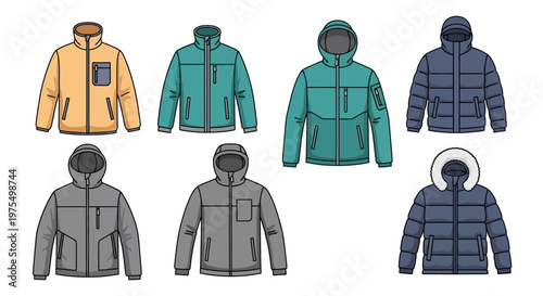 Collection of various winter jackets.