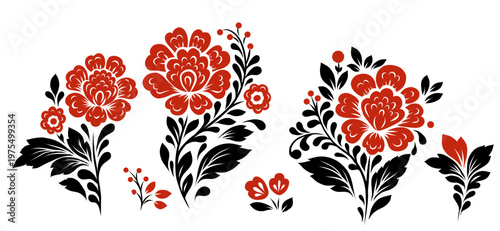Vector set of monochrome decorative floral clip arts. Collection of Slavic tracery red flowers isolated from background for invitation, postcard and digital crafting