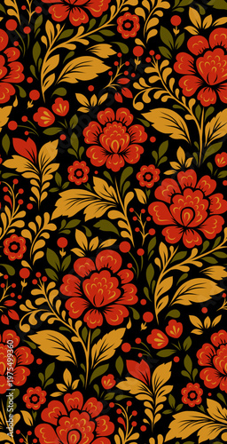 Vector decorative floral pattern. Tracery blossom texture. Slavic ornament with red flowers on a black background for wallpaper, fabric, and wrapping paper.