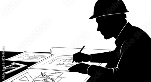 Man wearing hardhat working on blueprints.