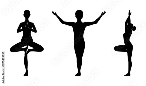 Yoga tree pose set with solid black icon and white background featuring yoga, tree pose, silhouette with black and white and icon