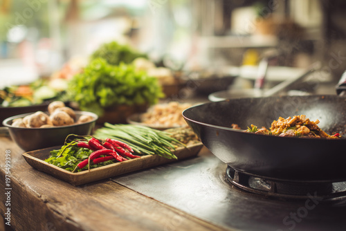 Street food preparation in Thailand with ingredients laid out for cooking vibrant dishes and local flavors at an outdoor food stall
