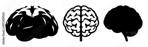 Brain synapse set with solid black icon, white background featuring neurological, neural, medical illustrations with vector and iconography