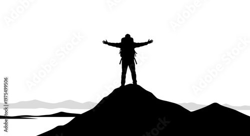Person standing on mountain peak triumphantly.