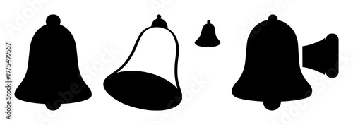 Notification bell icon set with solid black design featuring alert, reminder, alarm with digital and user interface elements