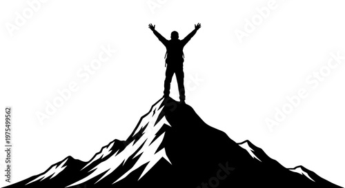 Man standing on mountain peak triumphantly.
