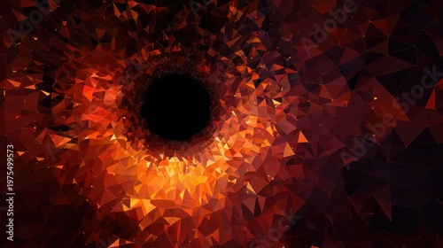 Abstract fiery vortex of broken geometric shards in warm oranges and reds with a dark central abyss creating a sense of cosmic exploration and dramatic energy with sparkling light effects