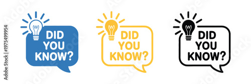 Light bulb and speech bubble icon set, “Did you know” question symbols, for tips, trivia, and learning content, modern clean vector illustration.