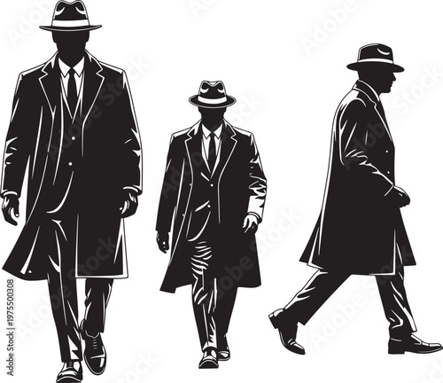 Vintage detective silhouettes in trench coats and fedoras, mysterious men in suits walking, noir style secret agent vector set