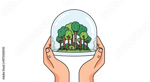 Hands holding a glass globe with a miniature forest inside symbolizing nature conservation and environmental protection