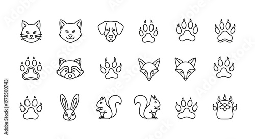 Various animal faces and paw prints.