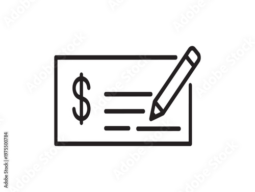 Title simple line drawing of a check with a pen representing financial transactions and payment description a minimalist black and white line