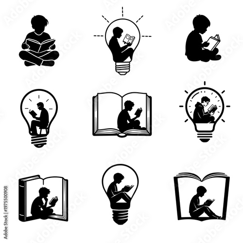 Reading Silhouette Illustration, Person Reading Book Black Shadow Concept