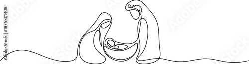 Christmas nativity scene with Mary Joseph and baby Jesus continuous line drawing vector illustration minimal religious design