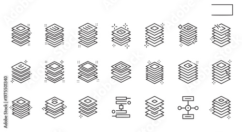 Blockchain Data Layers and Stacked Infrastructure Line Icon Vector Set
