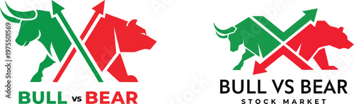 Bull versus bear stock market trading concept with green and red animal silhouettes and financial arrow chart indicators.