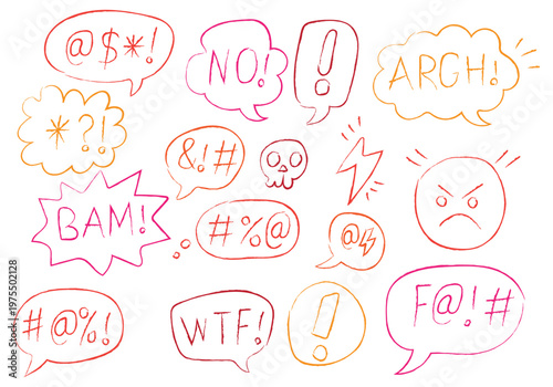 Hand drawn comic speech bubbles with angry expressions curse words and symbols isolated on white background for pop art design. Vector Illustration.