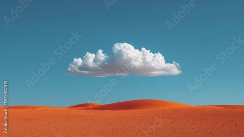 Single Fluffy White Cloud Floating Above Textured Orange Desert Landscape Under Clear Blue Sky with Warm Sunlight Casting Subtle Shadows