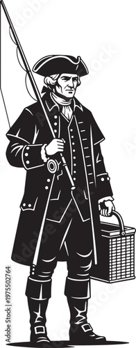 Vintage colonial fisherman vector illustration, 18th century man holding fishing rod and basket, historical woodcut style angler in tricorn hat