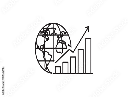 Title global economic growth a line graph rising from within a world globe illustration description a black and white line graph ascends