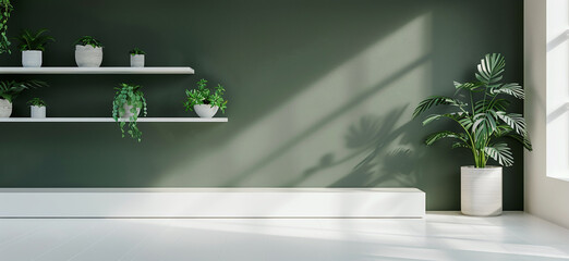 Office interior backdrop for online meetings. White and green home office setting bookshelves background with a plant. Minimalist online workspace aesthetics.