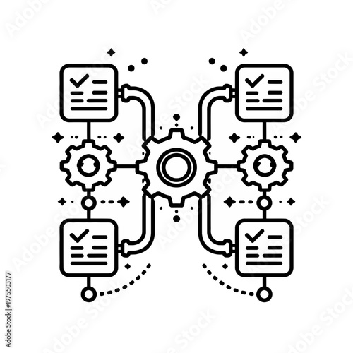 Abstract workflow icon with gears and checklists representing process management and task automation for business