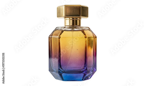 Canvas Print Luxurious faceted glass perfume bottle with a vibrant blue-purple-orange gradient and a gold cap, on transparent background, capturing elegant design