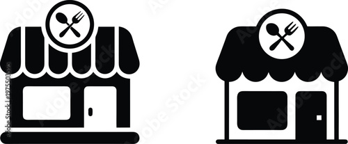 Collection of vector icons representing quaint cafe storefronts and restaurant buildings showcasing awning details and cutlery symbols for food establishments.