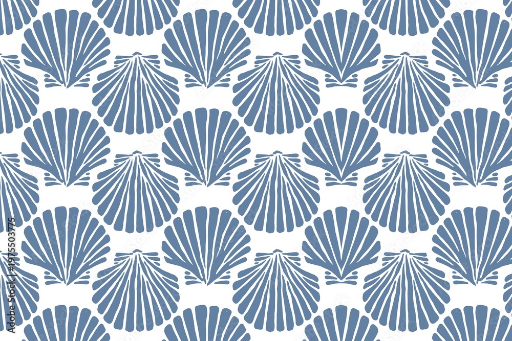 Fototapeta premium A seamless pattern of blue scallop shells on a white background
