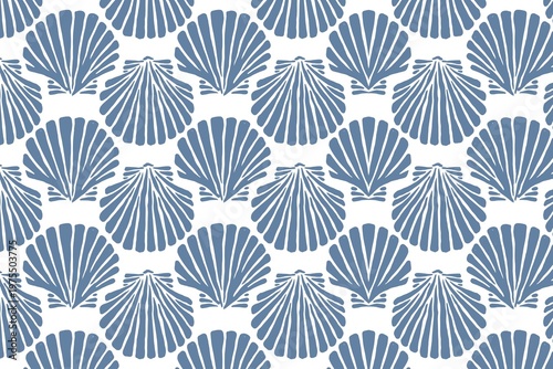 A seamless pattern of blue scallop shells on a white background