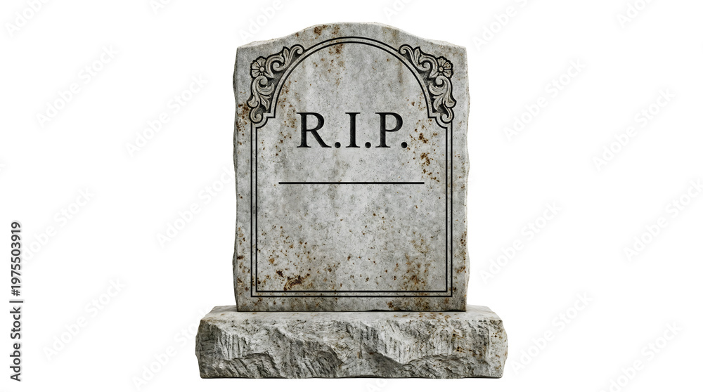Fototapeta premium Old weathered gray tombstone with rip inscription on white background