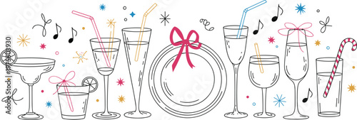 Hand-drawn party drinks, champagne flutes, and decorative plate