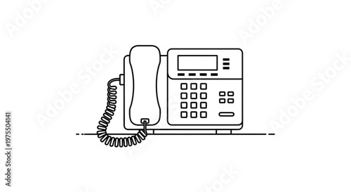 A minimalist line art illustration of a classic landline telephone with a corded handset and keypad.