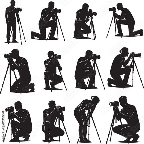 Professional photographer silhouette collection, 12 vector icons of cameramen with tripods, digital photography and media production silhouettes