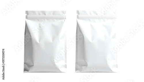 Two white stand-up pouches, sealed, presented side-by-side, on a black background